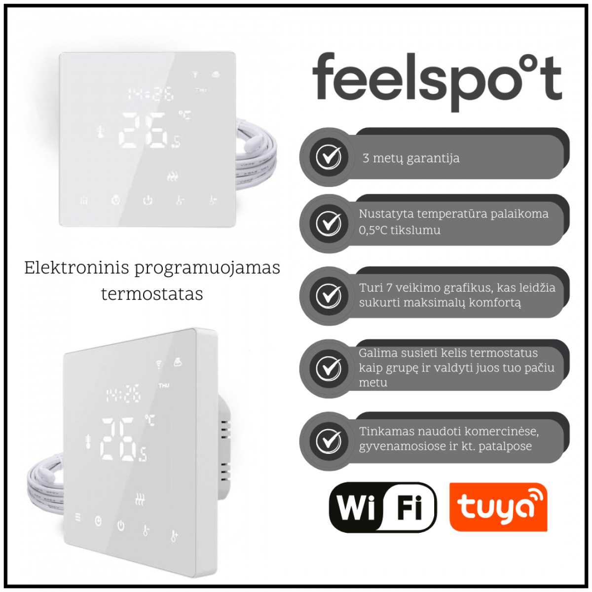 Elektroninis programuojamas termostatas Feelspot WTH22.16 NEW baltas, WiFi, Tuya Elektroninis programuojamas termostatas Feelspot WTH22.16 NEW baltas, WiFi, Tuya